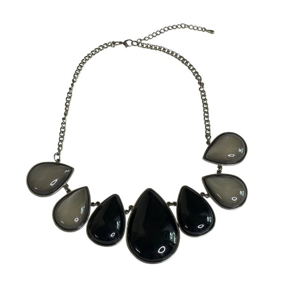 Statement Teardrop Necklace Black Gray Resin Stones On Silver-Tone Chain u - Picture 1 of 6